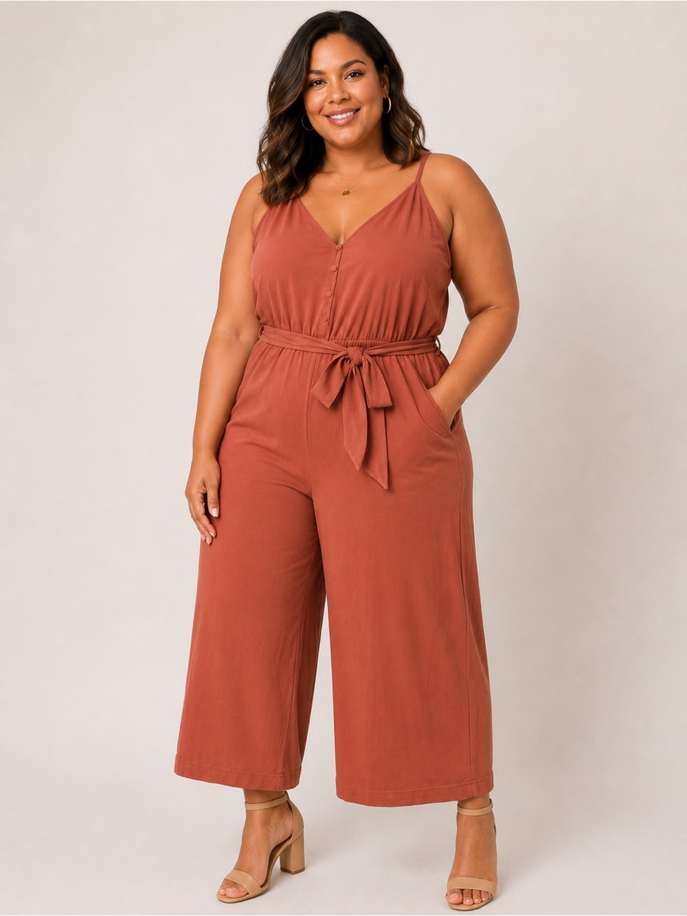 POPSUGAR Pink Coral Sleeveless Tie-Waist Wide-Leg Jumpsuit Romper SZ L NEW